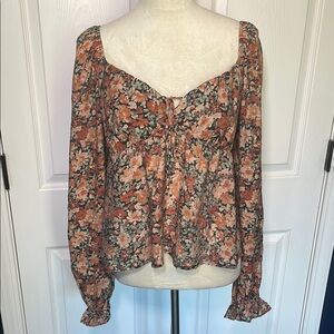 Blu Pepper Boho Peasant Floral Blouse Sweetheart Neckline Balloon Sleeves Large